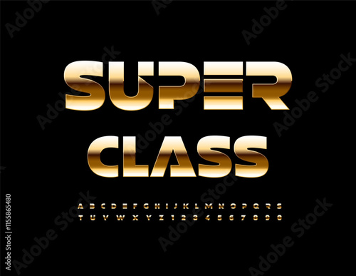 Vector premium logo Super Class. Futuristic style Font. Elite Gold Alphabet Letters and Numbers set.