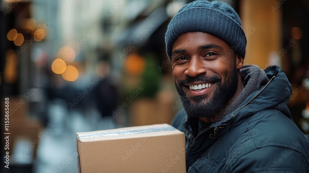 Smiling delivery man holding package in bustling urban street at twilight Smiling delivery man holding package in bustling urban street at twilight