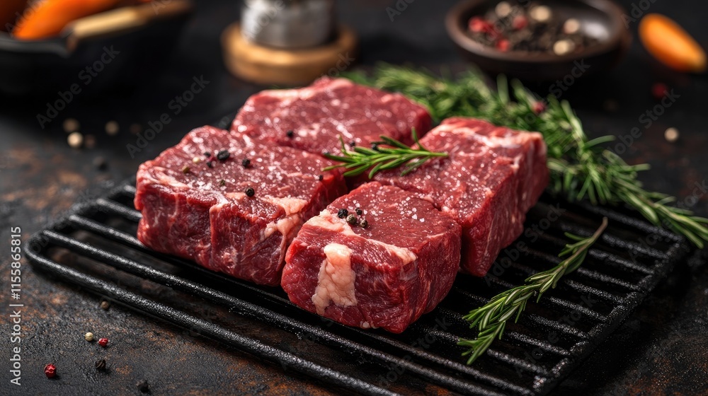 Fresh Juicy Meat Cuts on Grill with Rosemary Garnish Ready for Barbecue with Space for Text in Rustic Kitchen Setting Fresh Juicy Meat Cuts on Grill with Rosemary Garnish Ready for Barbecue with Space for Text in Rustic Kitchen Setting