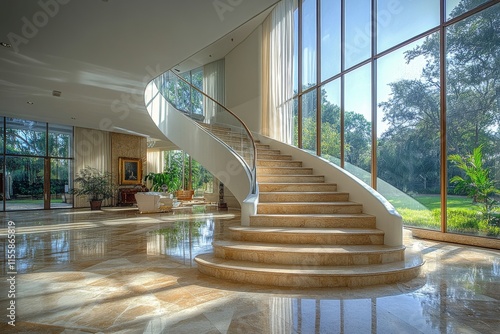 Elegant curved staircase in a modern home with large windows and natural light