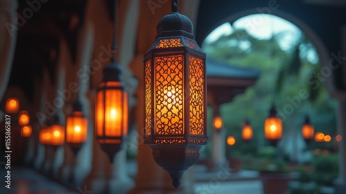 Beautiful lanterns illuminating a tranquil evening courtyard setting with int...
