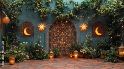 Captivating garden with lanterns and moon motifs illuminated at twilight in a...