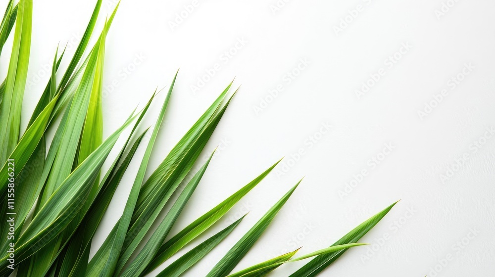 Close up of vibrant fresh lemongrass leaves arranged elegantly on white background with ample space for text and creative design elements Close up of vibrant fresh lemongrass leaves arranged elegantly on white background with ample space for text and creative design elements