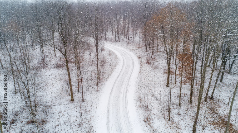 Aerial view of a snow-covered winding road through a peaceful winter forest with empty space for adding text or messages. Aerial view of a snow-covered winding road through a peaceful winter forest with empty space for adding text or messages.