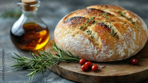 Freshly baked bread with olive oil and herbs on wooden board