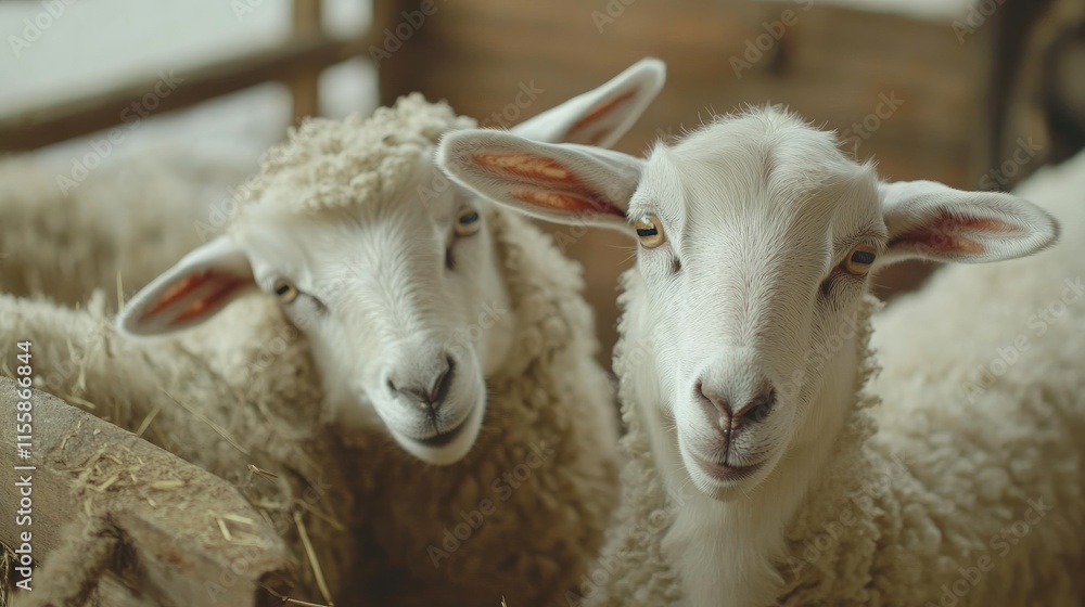 Close up portrait of a white goat and sheep in a farm setting with dairy livestock and ample copy space for text or advertising purposes Close up portrait of a white goat and sheep in a farm setting with dairy livestock and ample copy space for text or advertising purposes