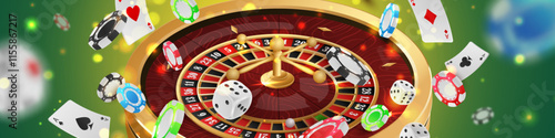 Banner with Golden casino roulette, wheel with flying black poker chips, tokens, playing cards, dices, around on green background with lights, bokeh. Vector illustration for design, advertising