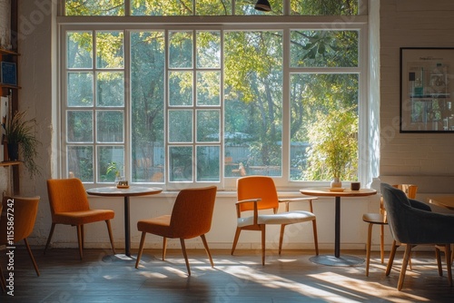 Cozy seating area with large windows overlooking green landscape in a serene ...