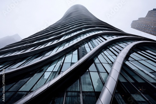 A building background showcasing the dynamic textures of a contemporary glass-and-steel skyscraper