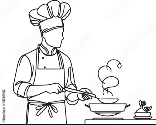 Chef Line Drawing: Cooking with Pan in Minimalist Design