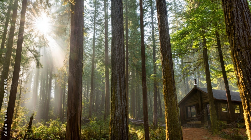 Obraz premium Secluded Cabin in Redwood Forest at Sunrise 