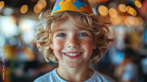 Happy child with colorful party hat smiling brightly at a festive gathering