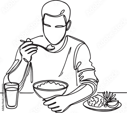 Man Enjoying a Meal on the Table – Minimalist Design
