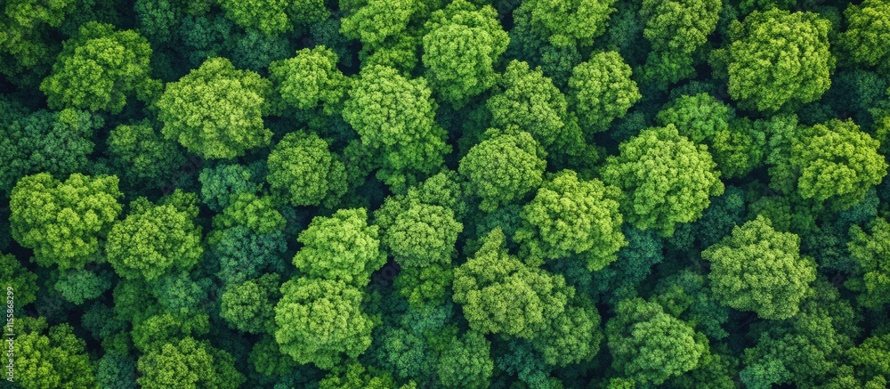 Naklejka premium Aerial view of vibrant green treetops in a forest landscape with morning mist and ample space for text on a clear day