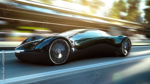 Futuristic aerodynamic concept car speeding along a road with blurred background and ample space for text or branding usage