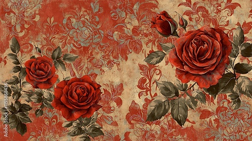 Fototapeta Naklejka Na Ścianę i Meble -  A red rose with a green stem is surrounded by a red and brown background
