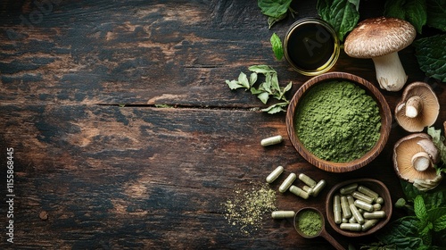 Rustic Wooden Table Displaying Herbal Extracts Mushrooms Kratom Powder and Organic Pills with Empty Space for Text Placement