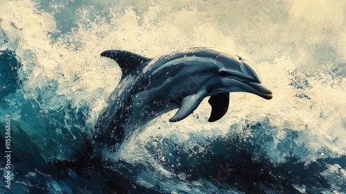 Dolphin leaps over ocean waves in a vibrant display of marine life and natura...