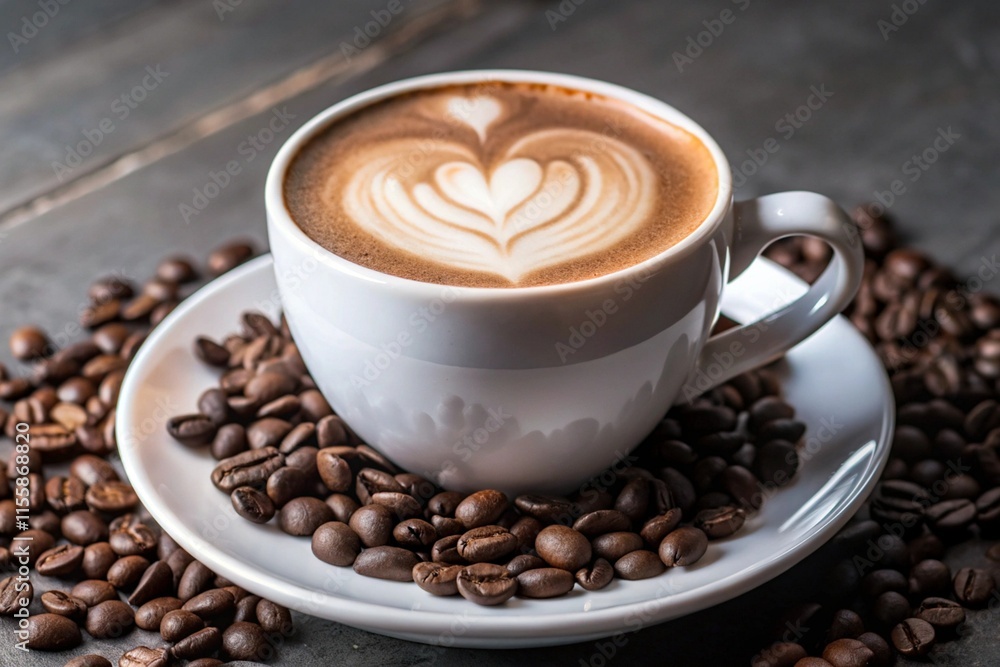 Close-Up of Steaming Latte Art Coffee in Rustic Warm Setting with Roasted Beans Close-Up of Steaming Latte Art Coffee in Rustic Warm Setting with Roasted Beans