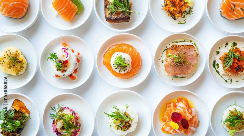 Gourmet Assorted Dishes on White Plates Showcasing Culinary Artistry and Fresh Ingredients Gourmet Assorted Dishes on White Plates Showcasing Culinary Artistry and Fresh Ingredients