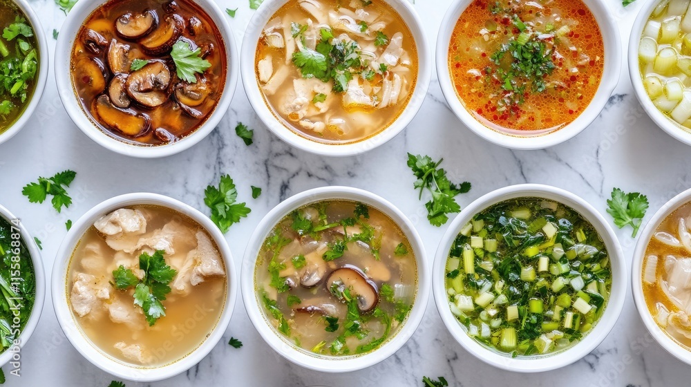 Assorted Bowls of Gourmet Soup Featuring Oyster Mushrooms Leeks Fresh Herbs on a Marble Background Assorted Bowls of Gourmet Soup Featuring Oyster Mushrooms Leeks Fresh Herbs on a Marble Background