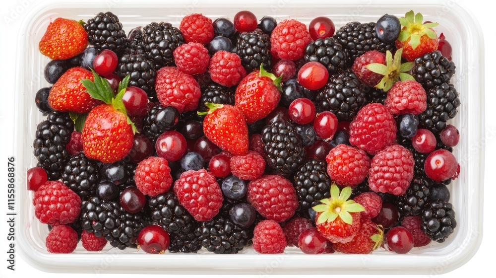 Assorted Fresh Berries in a White Plastic Container on White Background Top View Ideal for Culinary and Healthy Lifestyle Concepts Assorted Fresh Berries in a White Plastic Container on White Background Top View Ideal for Culinary and Healthy Lifestyle Concepts