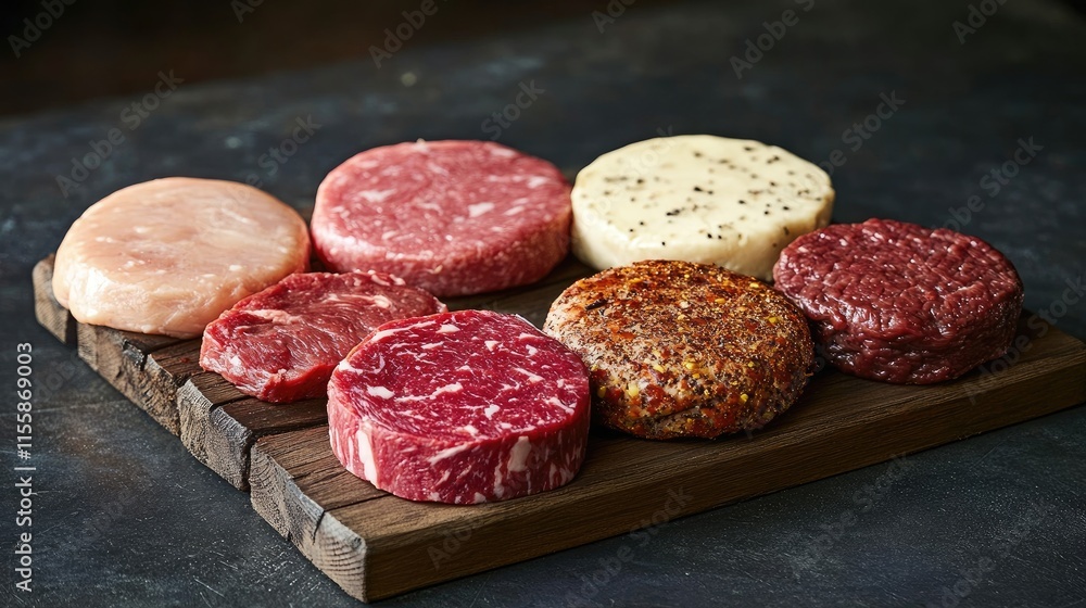 Assorted Burger Patties Selection of Marbled Beef Lamb and Chicken Cuts on Rustic Wooden Cutting Board Assorted Burger Patties Selection of Marbled Beef Lamb and Chicken Cuts on Rustic Wooden Cutting Board