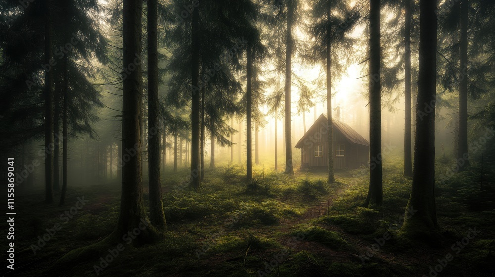 Naklejka premium Secluded Cabin in Misty Forest at Sunrise 