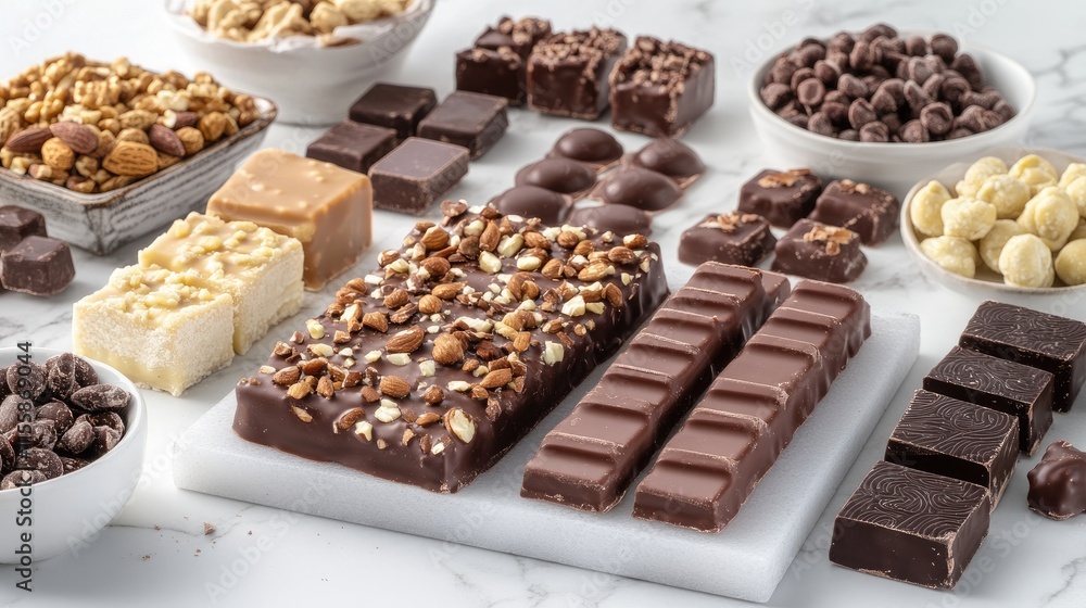 Assorted Chocolate Bars with Nuts and Candies on Marble Surface for Confectionery Presentation Assorted Chocolate Bars with Nuts and Candies on Marble Surface for Confectionery Presentation