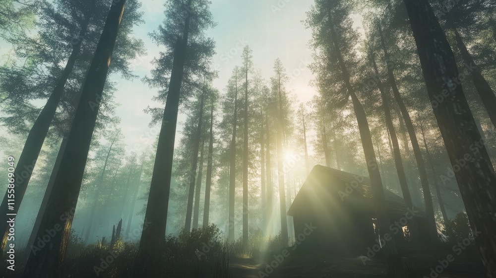 Obraz premium Misty Forest Cabin Sunrise 