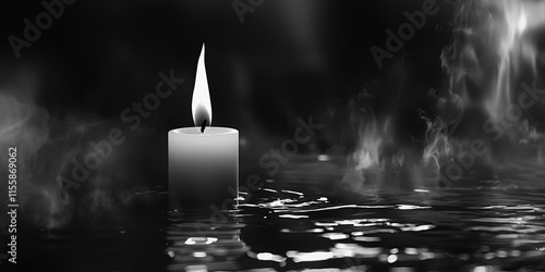 A candle floating in water with black background. 