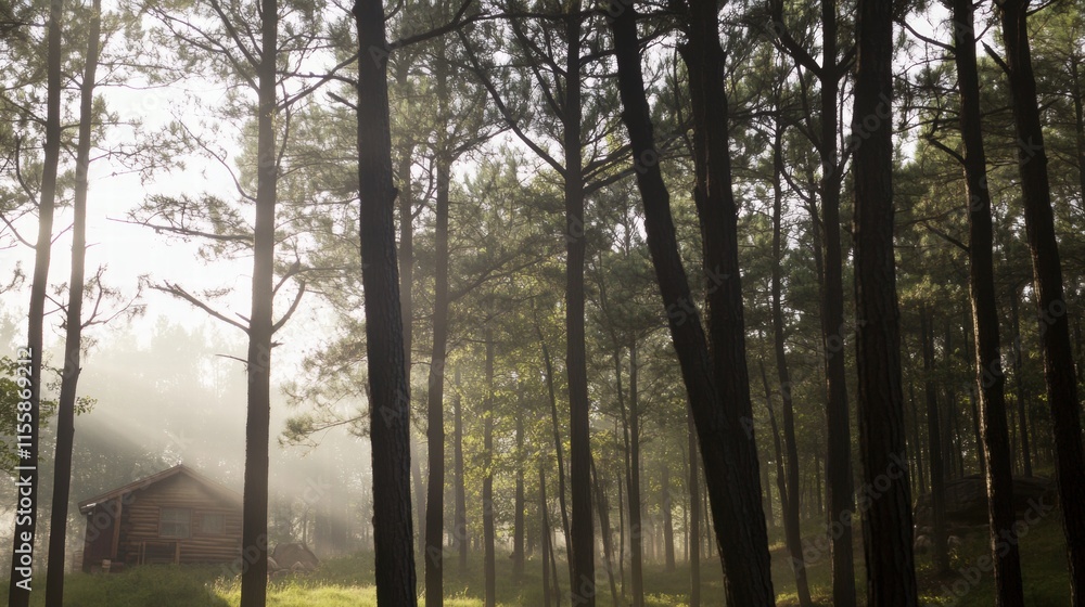 Fototapeta premium Forest Cabin in Morning Mist: Sunlight filters through a dense forest, casting ethereal beams of light and creating a sense of mystery around a rustic cabin nestled amidst the trees.