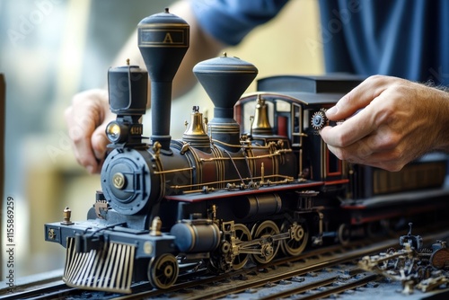 Model train enthusiast repairs miniature steam locomotive in bright workshop photo