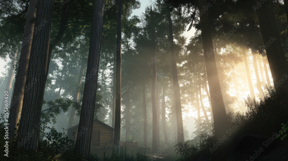 Naklejka premium Sunbeams Through the Redwood Canopy: Golden sunlight pierces through a dense forest of towering redwoods, casting ethereal beams of light that illuminate the misty morning air.