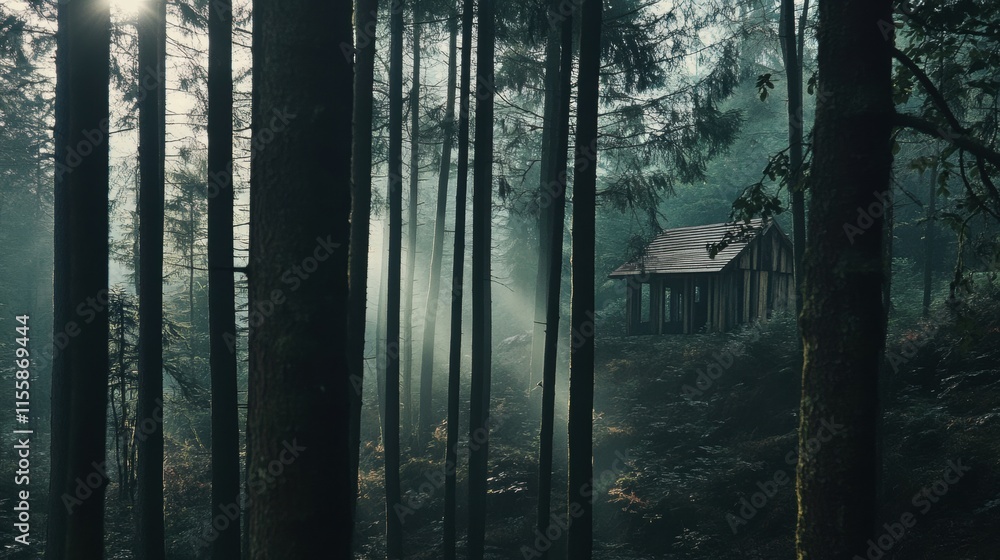 Obraz premium Secluded Cabin in the Misty Forest: A rustic wooden cabin nestled deep within a dense forest, shrouded in ethereal mist, evokes a sense of solitude and tranquility.