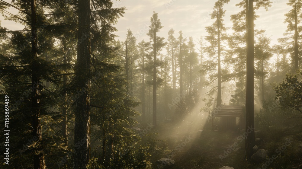 Sunbeams Through the Mist: A serene and ethereal forest scene, with sunbeams piercing through a veil of mist, illuminating the tall pines. The soft light creates a sense of tranquility and mystery. Sunbeams Through the Mist: A serene and ethereal forest scene, with sunbeams piercing through a veil of mist, illuminating the tall pines. The soft light creates a sense of tranquility and mystery.