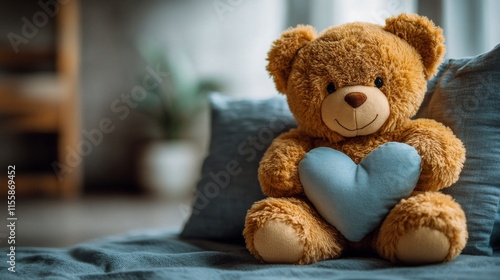 bear holding a blue heart pillow on a cozy sofa in a well-lit room