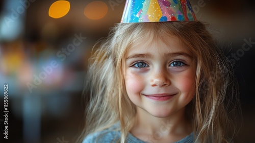 Happy child with colorful party hat smiling brightly at a festive gathering