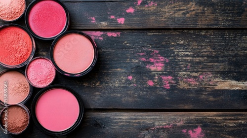 Assorted blush powders in circular containers on a dark wooden background with pink smudges and natural textures photo