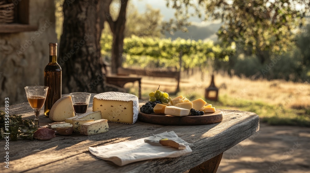 Cheese platter in rustic outdoor setting with wine and grapes on wooden table surrounded by nature twilight ambiance Cheese platter in rustic outdoor setting with wine and grapes on wooden table surrounded by nature twilight ambiance