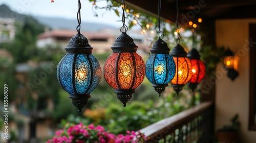 Colorful string lights illuminate a balcony at sunset in a vibrant urban setting