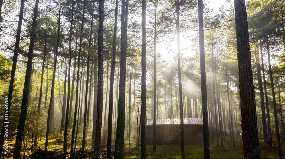 Obraz premium Secluded Cabin in Sun-Dappled Pine Forest 