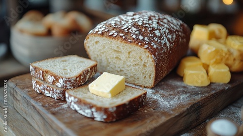 Freshly baked bread with butter and herbs on a wooden cutting board