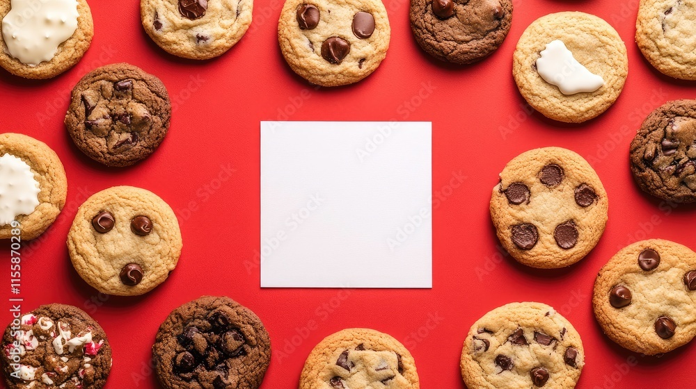 Assorted gourmet cookies arranged on a vibrant red background with a blank message card for customizable greetings or notes Assorted gourmet cookies arranged on a vibrant red background with a blank message card for customizable greetings or notes