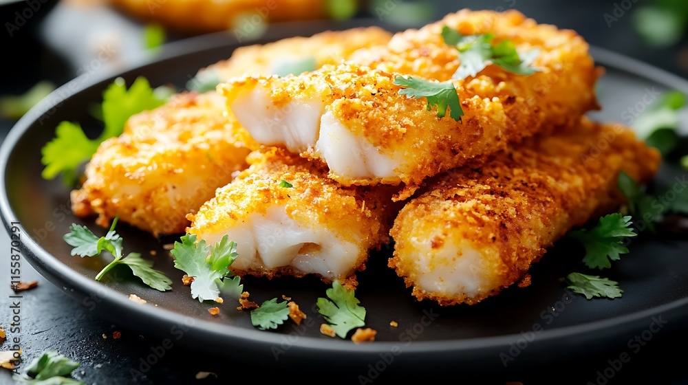 Generate an appetizing image featuring crispy fish sticks with a golden, crunchy exterior Generate an appetizing image featuring crispy fish sticks with a golden, crunchy exterior