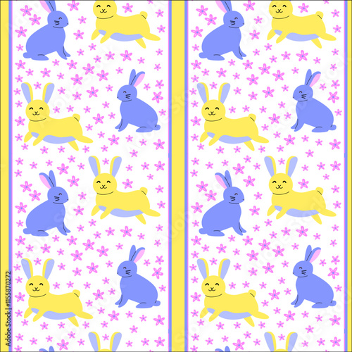 Colorful pattern with blue and yellow bunnies and pink flowers.