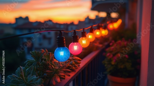 Colorful string lights illuminate a balcony at sunset in a vibrant urban setting