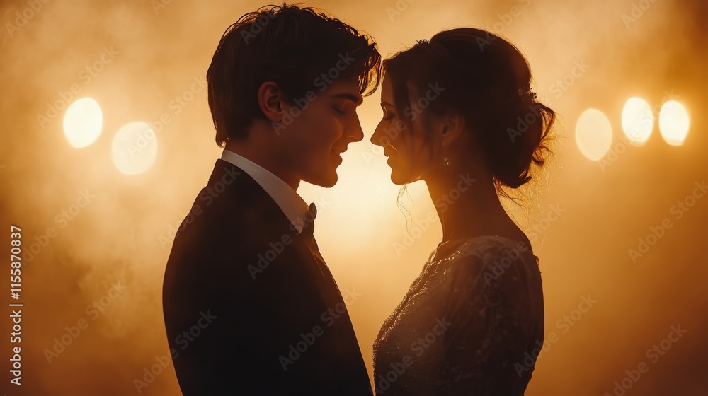 Romantic couple in silhouette against a dramatic backdrop during an elegant evening event Romantic couple in silhouette against a dramatic backdrop during an elegant evening event