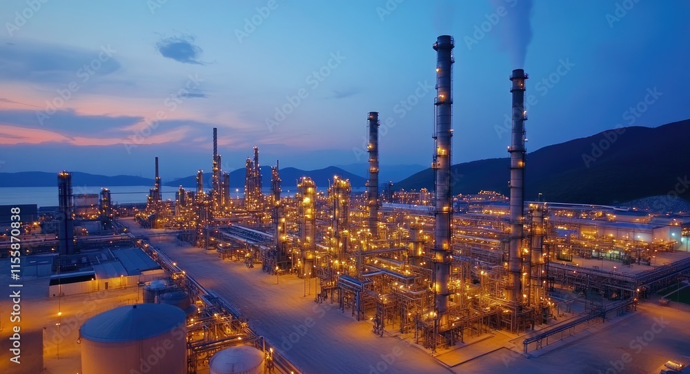 Fototapeta premium Nighttime Aerial Perspective of a Major Petrochemical Refinery: Illuminated Construction and Energy Hub