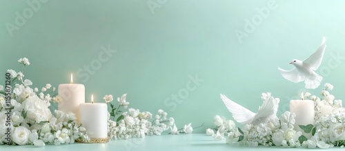 Baptism Decorations with Candles White Doves Flowers in Pastel Green Gold Baroque Style Empty Space for Personalizing Text photo